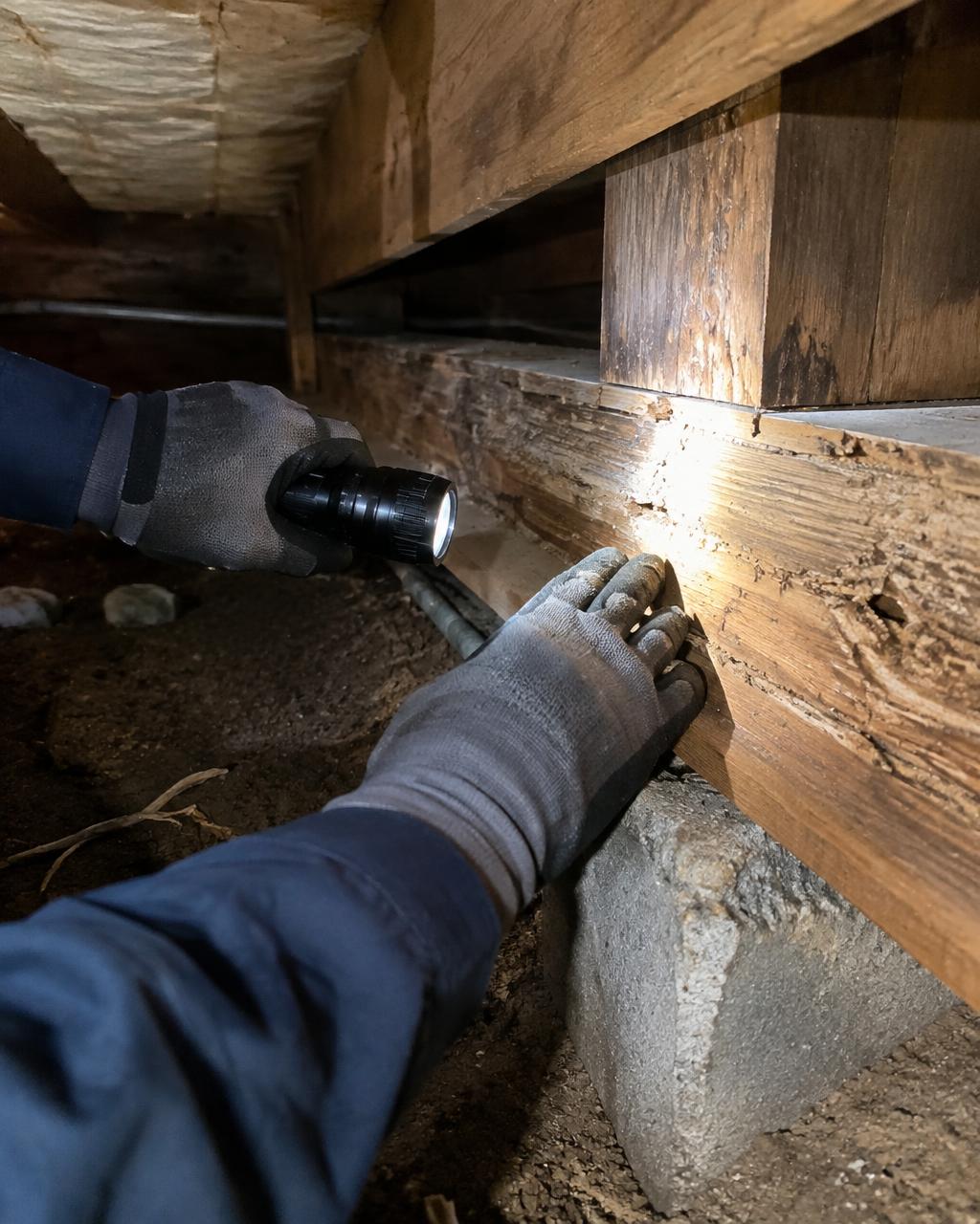 Inspector checking wooden framing in a crawlspace with a flashlight
